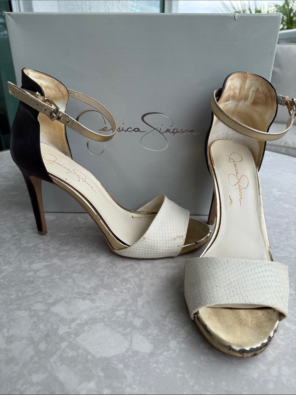 Jessica Simpson Sashima Cream, Gold & Black Open-Toe Ankle Strap Heels